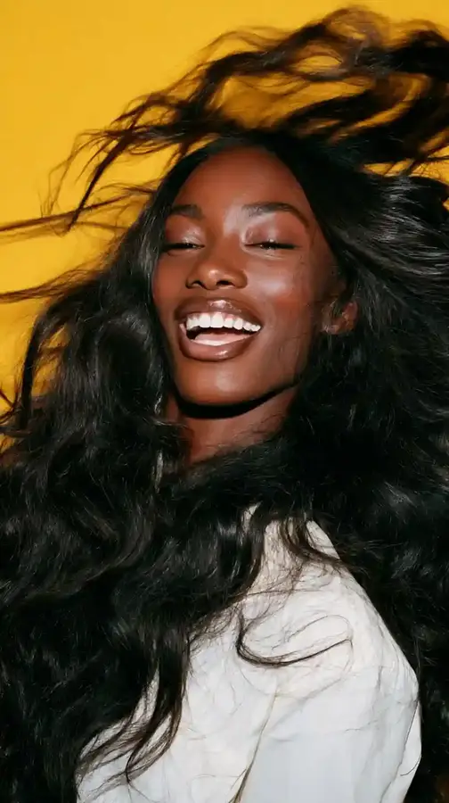 Model mid-laugh flipping long wavy hair, yellow backdrop