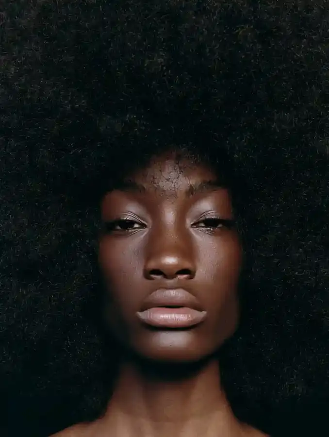 4C coil afro against a soft black backdrop