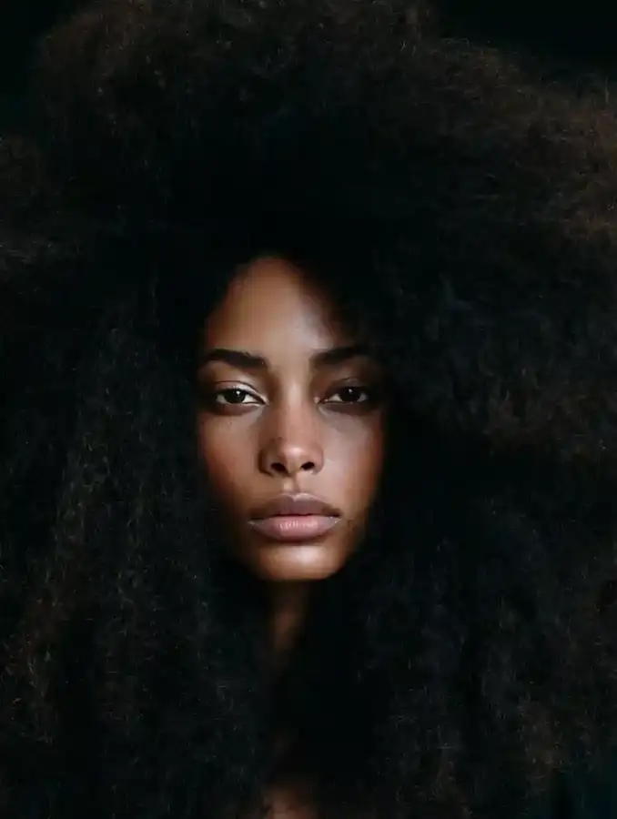 4C coil afro against a soft black backdrop