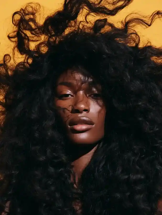 Curly hair portrait against a saffron backdrop