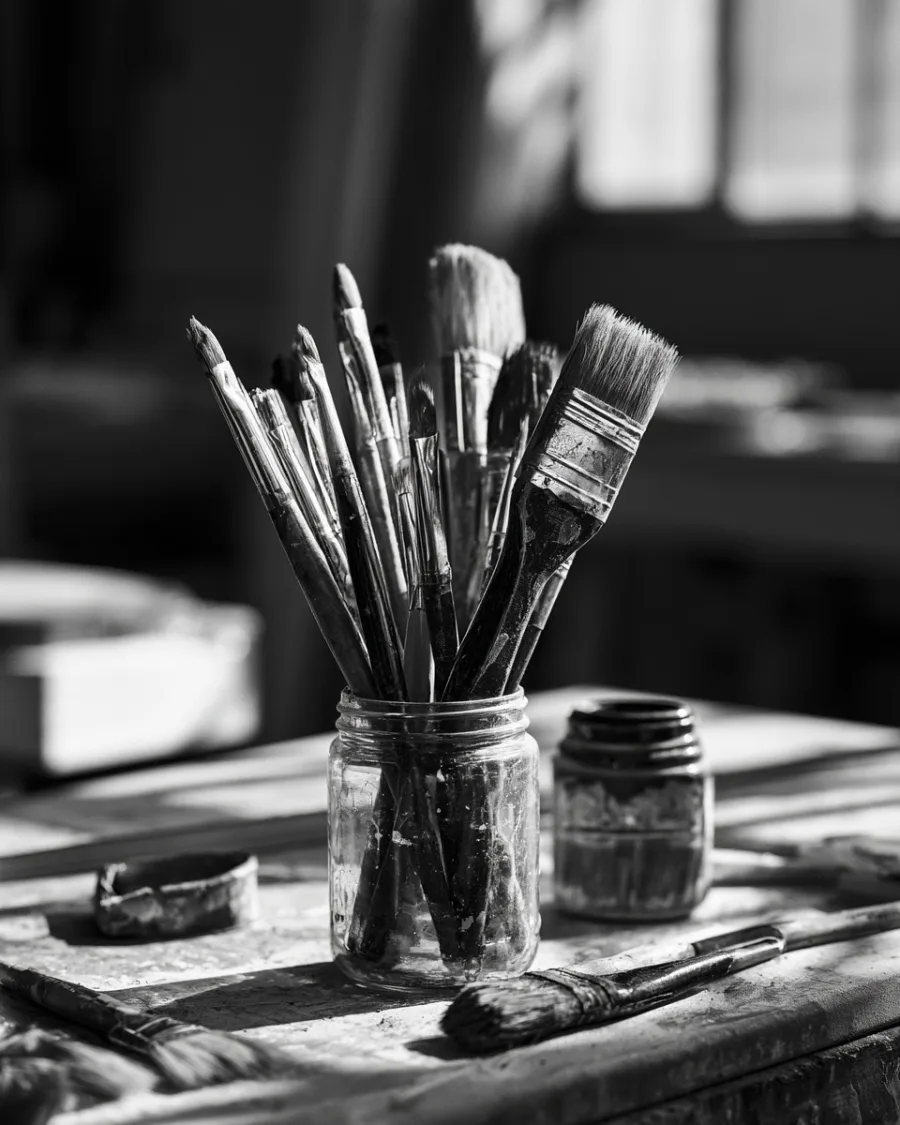 Fan of worn decorators brushes stood in a jar