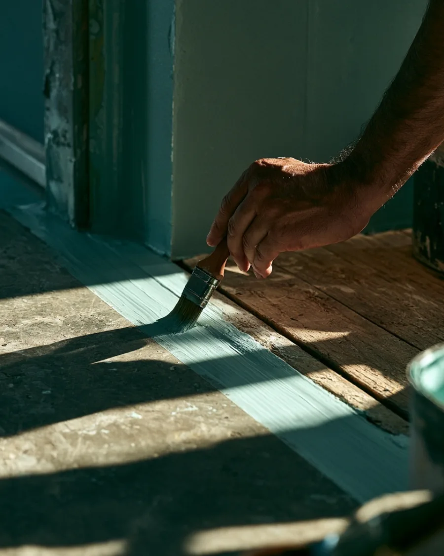 A hand cutting in a clean paint edge with a brush, no face