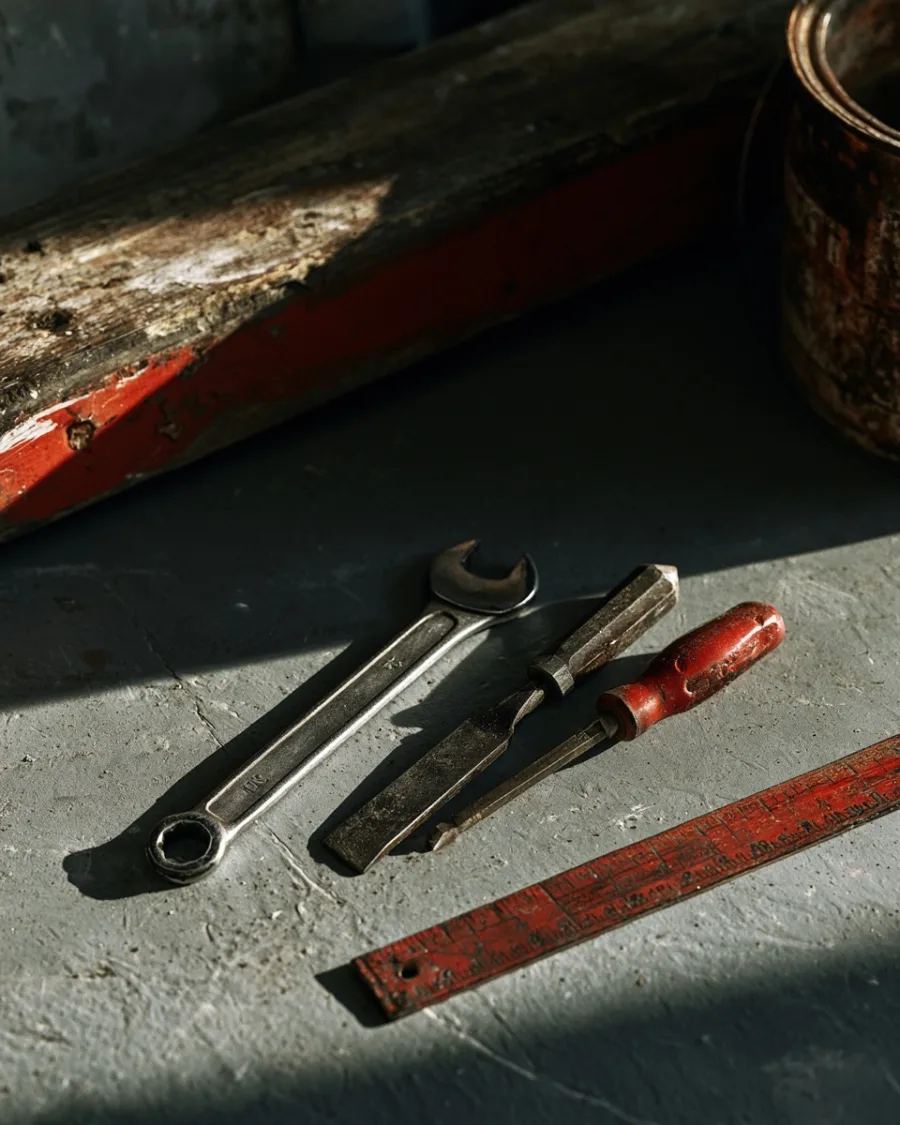 Steel hand tools on concrete, spanner chisel and rule