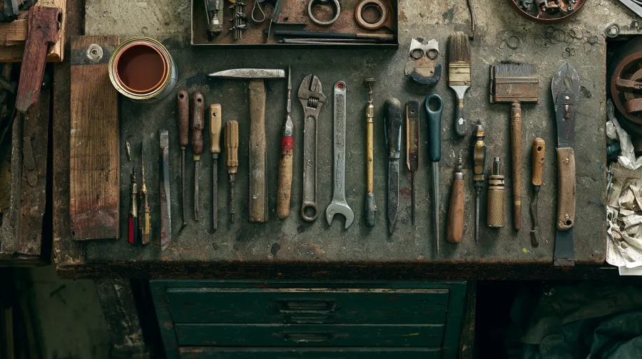 Workbench laid with hand tools and an open paint tin
