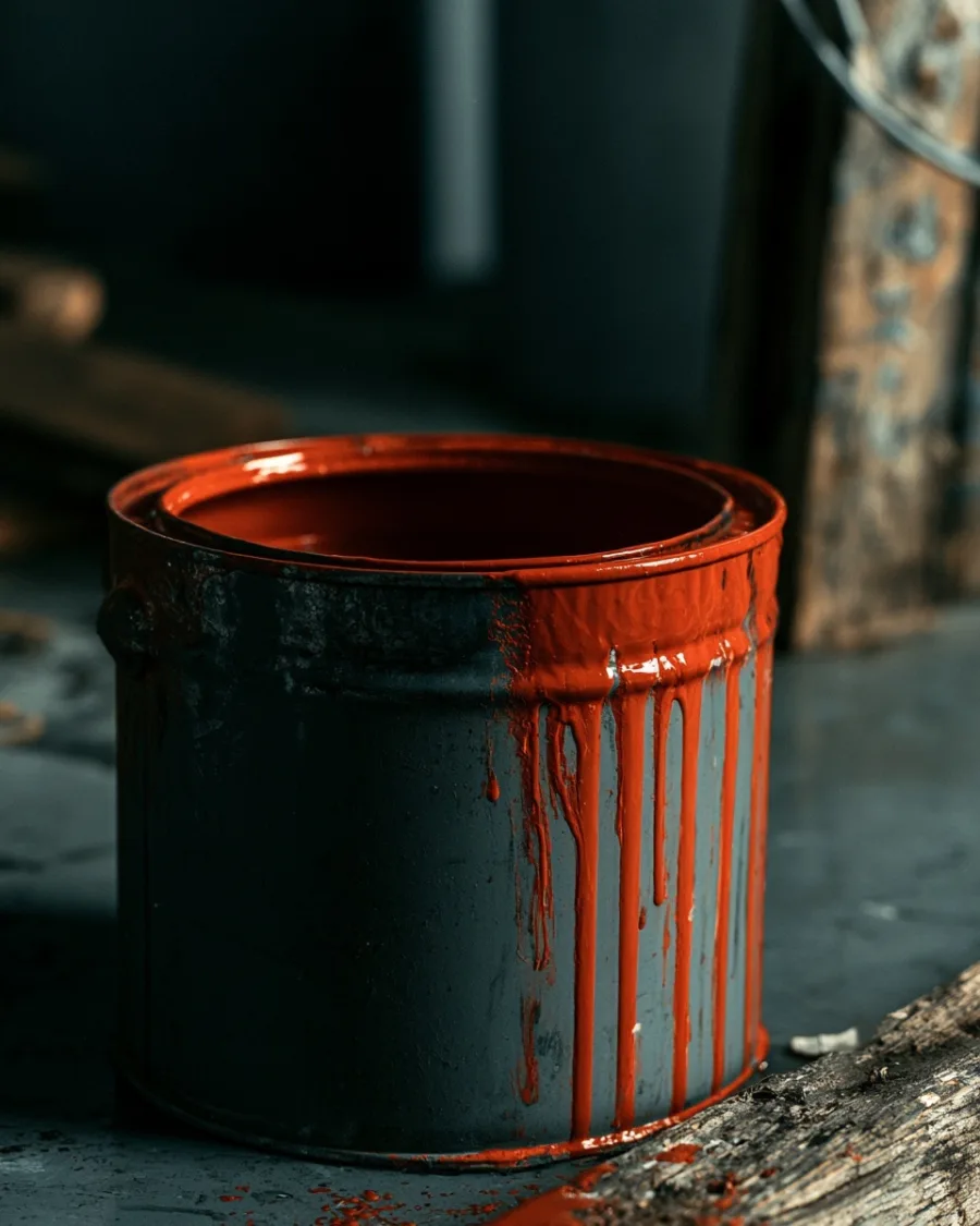 Dried paint runs down the rim of a tin