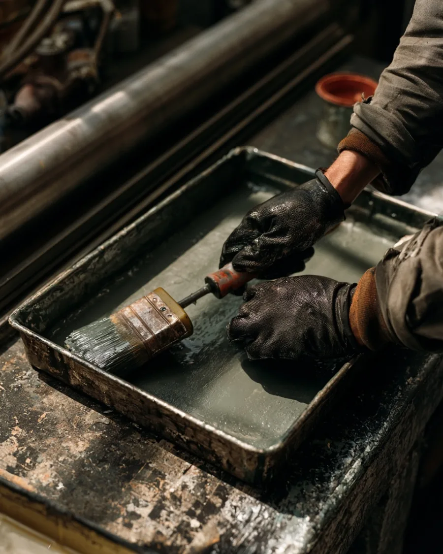 Gloved hands loading a roller from a tray, no face