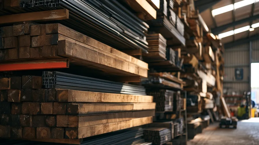 Stacked timber and steel stock on racking, receding