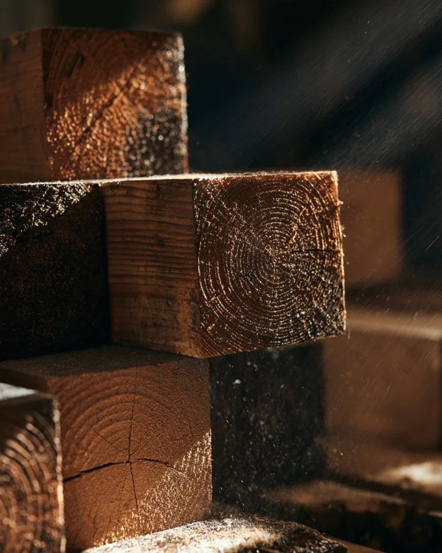 Sawn timber end grain with dust in the light