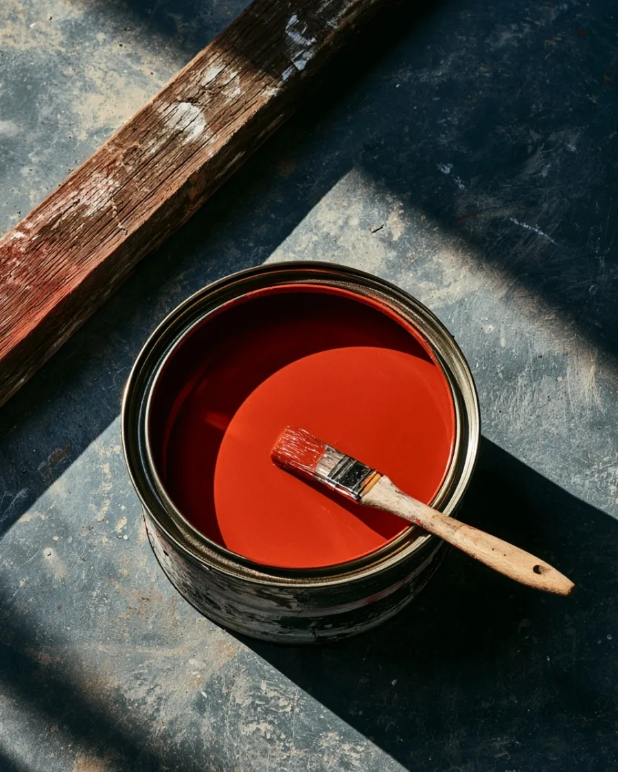 Open paint tin from above, surface smooth and full