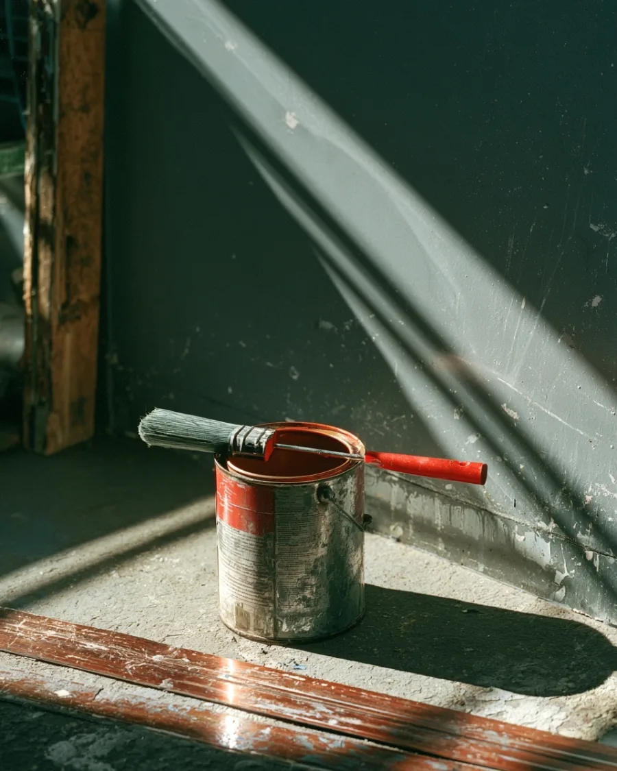 Open paint tin with a loaded roller resting across it