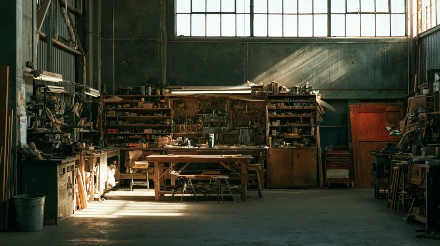 Wide workshop interior, benches and racking, high window