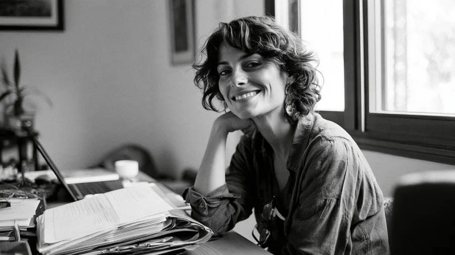 Smiling Spanish woman at a home desk with a folder of documents and a laptop, window light