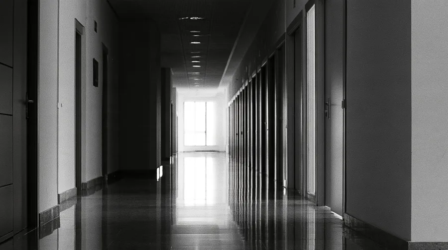 Long empty courthouse corridor, identical doors receding to a bright window