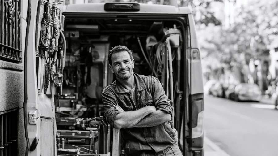 Smiling tradesman leaning on the open doors of his tool-filled van, Madrid street