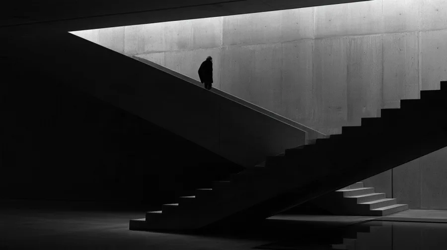 Two concrete staircases diverging in a modern building, hard geometric shadows