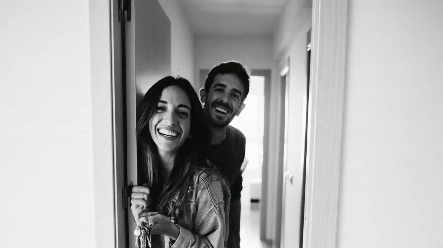 Young couple laughing in the doorway of their new flat, keys in hand
