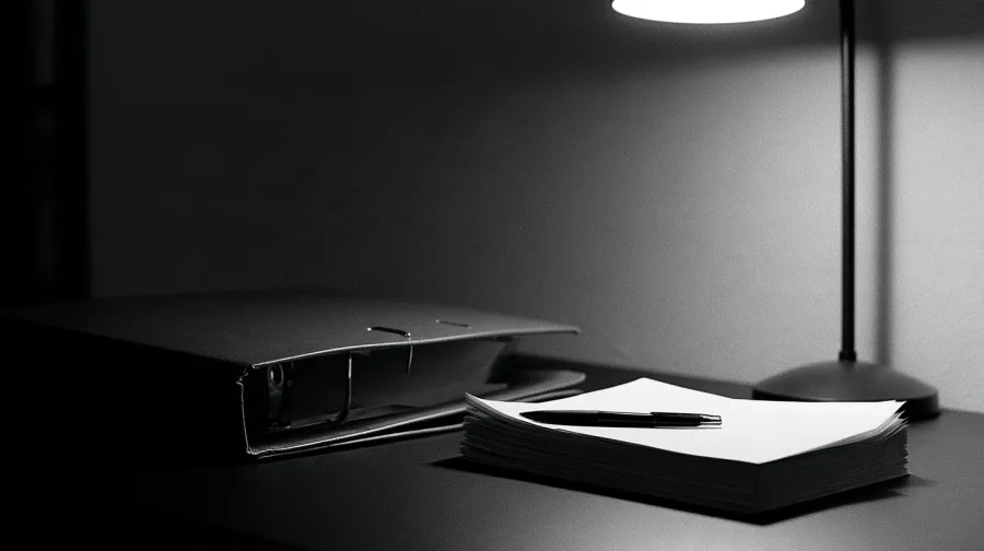 Open ring binder and a stack of paper under a desk lamp, pen resting across