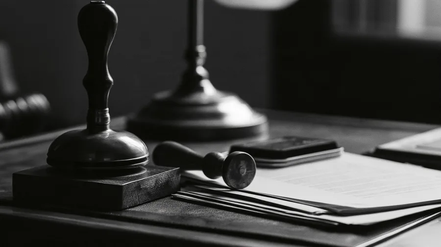 Brass notary seal press and rubber stamp on folded documents beside a desk lamp
