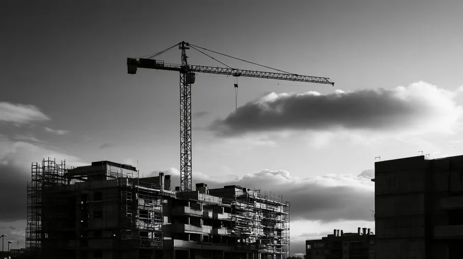 Tower crane above half-built apartment blocks, scaffolding under a dramatic sky