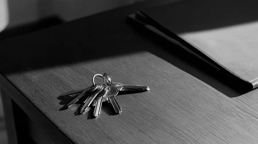 Bunch of house keys on a bare wooden table beside a closed folder, hard side light