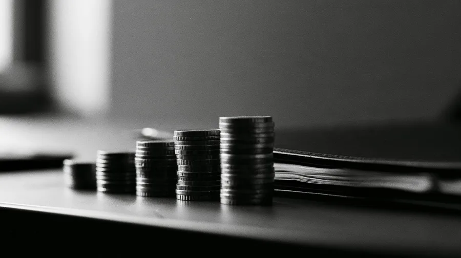 Receding stacks of coins on a desk beside a closed document folder