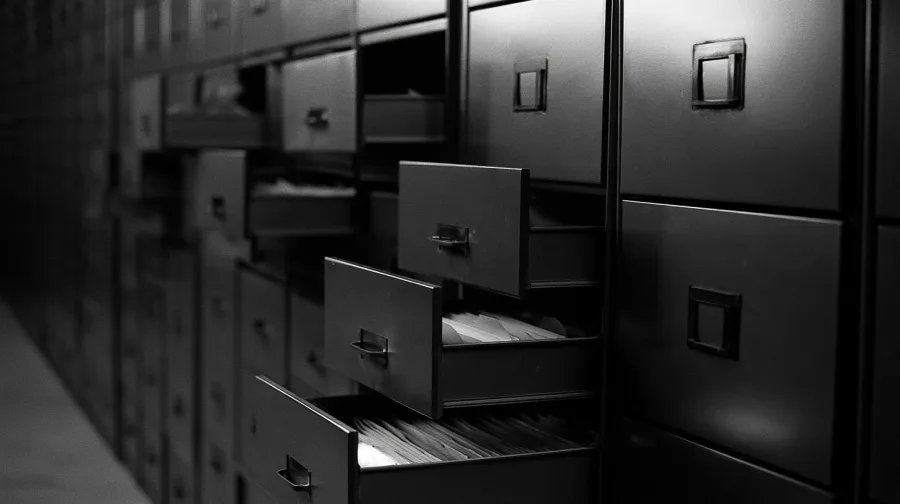 Wall of steel filing cabinets with drawers pulled open at different depths