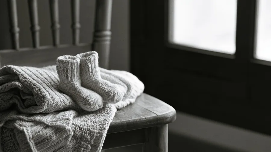 Tiny knitted baby socks on a folded wool blanket on a chair by a window