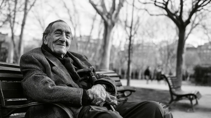 Smiling elderly man with a walking cane on a park bench, bare trees behind