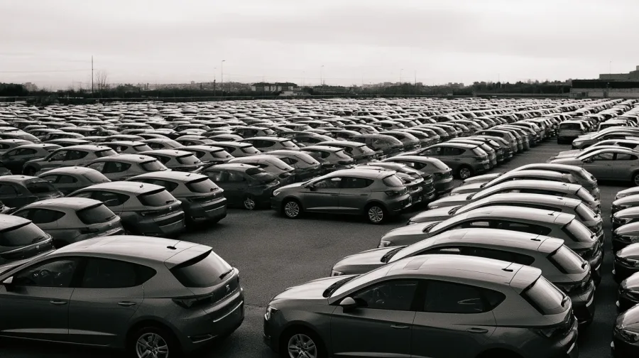 Elevated view of rows of identical parked cars in a dealership lot