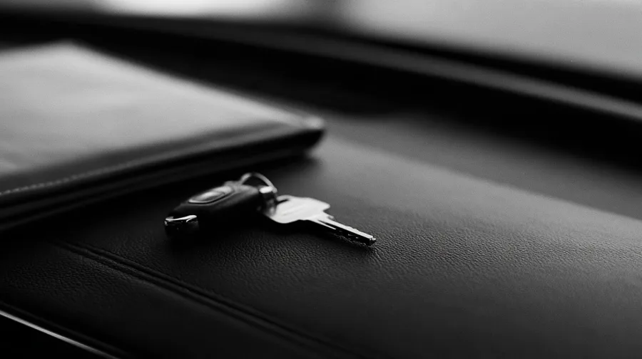 Car key and a closed contract folder on a leather dashboard, seen through the windscreen