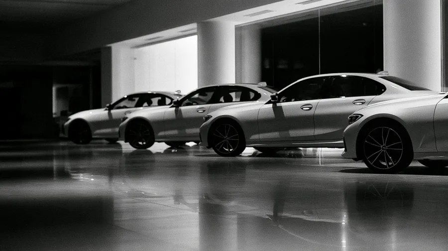 Three identical cars in a row in an empty showroom, polished floor reflections