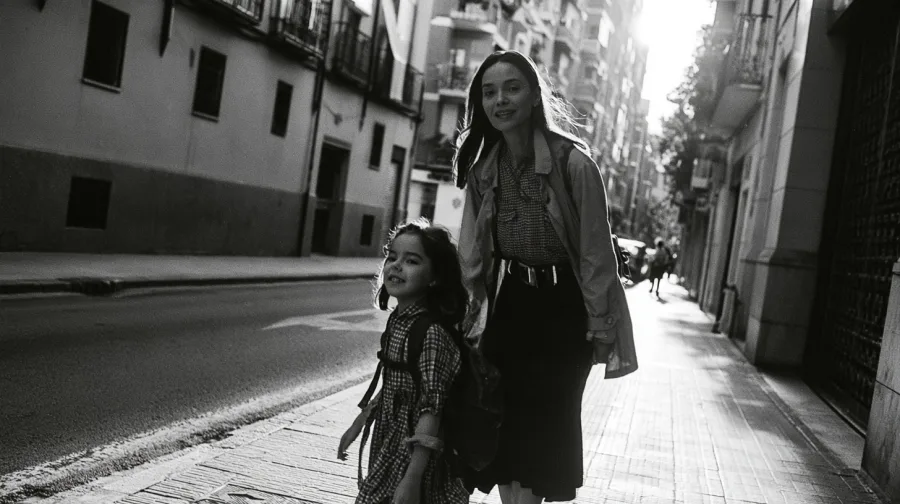 Smiling mother walking her daughter to school along a city street, morning light