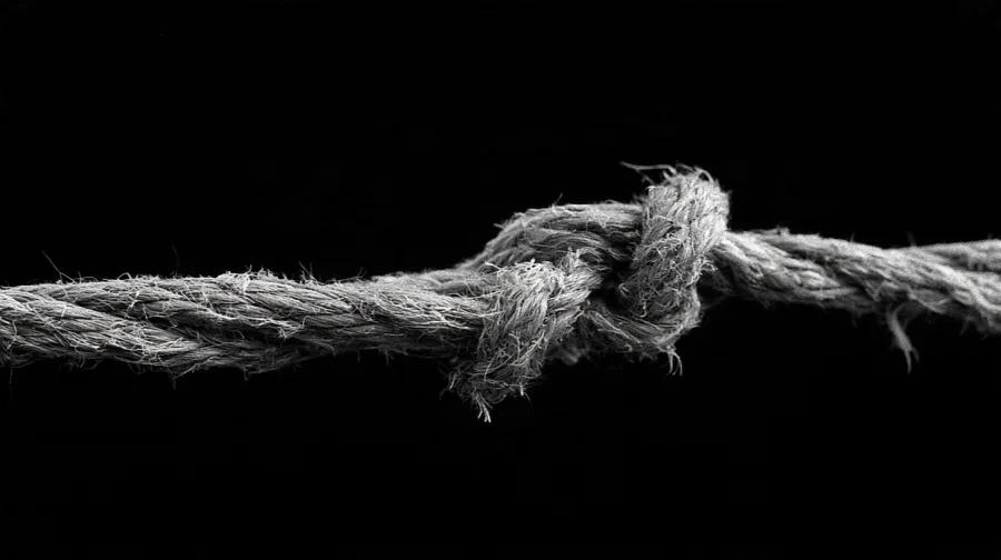Frayed ropes knotted into a single line, stretched taut against black