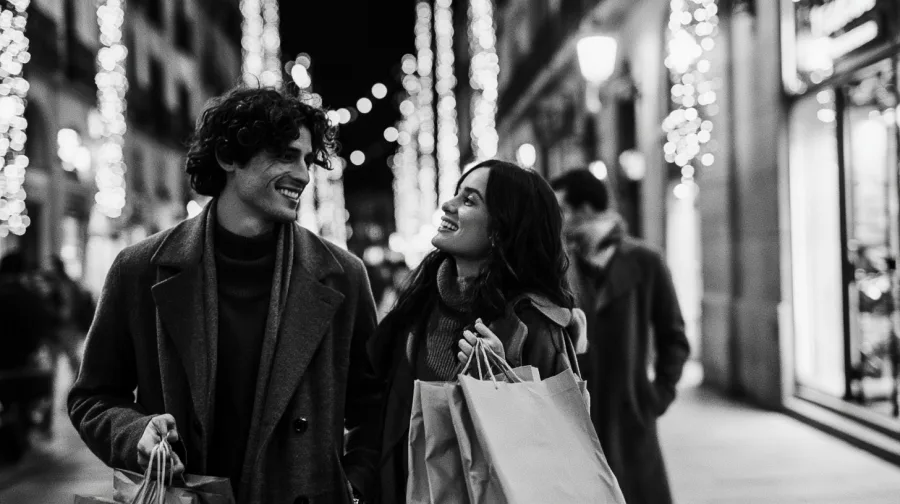 Couple with paper shopping bags on a festive city street at night, lights as bokeh