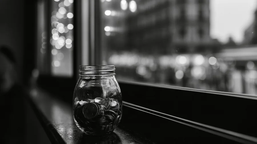 Glass jar full of coins on a windowsill, festive lights blurred beyond