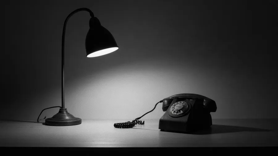 Old desk telephone under a single lamp on a bare table, receiver off the hook
