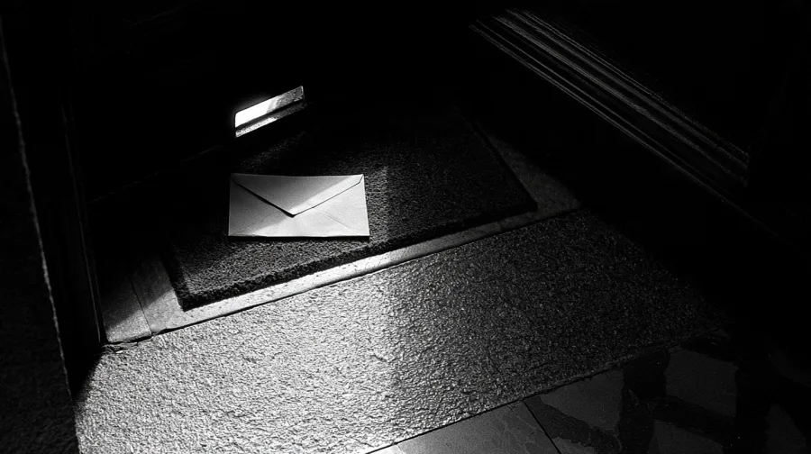 Sealed envelope on a doormat inside a front door, light from the letterbox