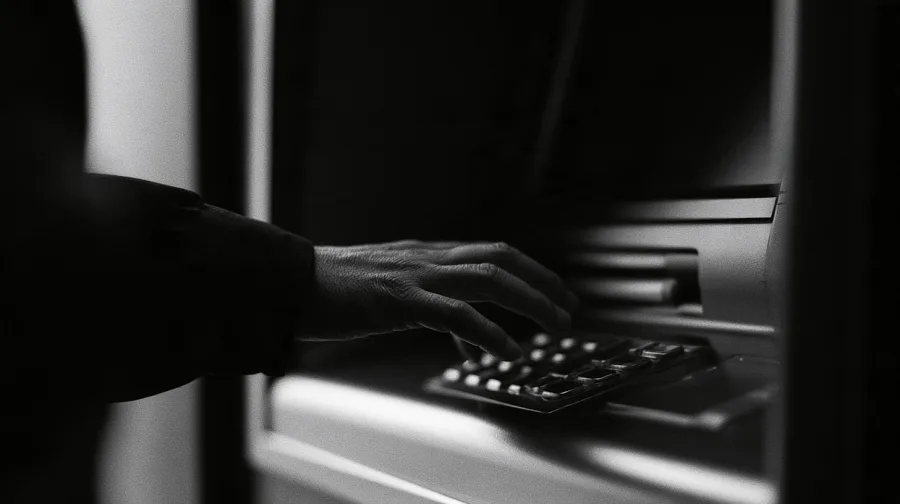Anonymous hand at a cash machine keypad at night, screen out of focus