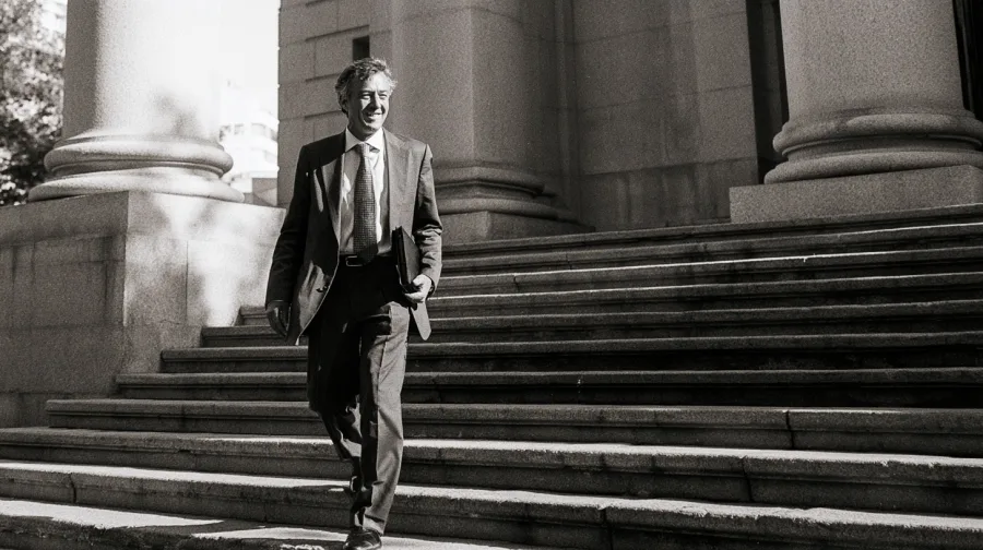 Smiling man in a suit walking down courthouse steps with a folder, morning light