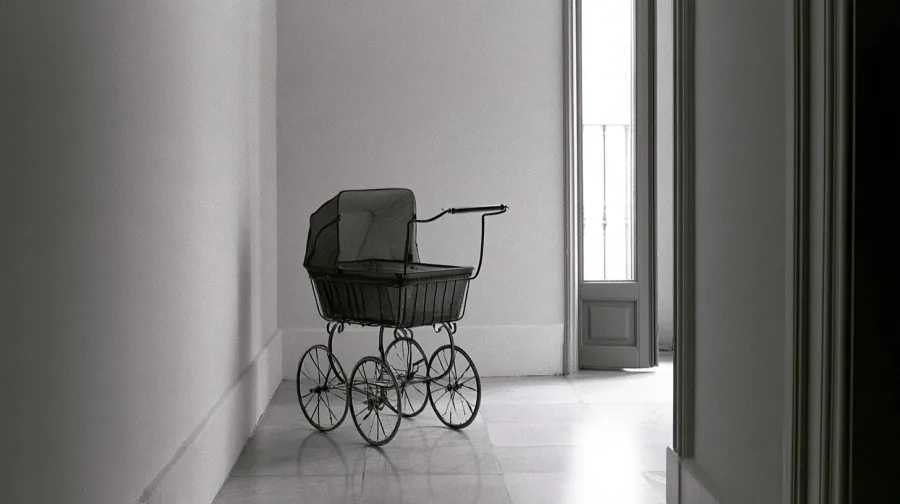 Empty vintage pram in a bright apartment hallway beside a tall window