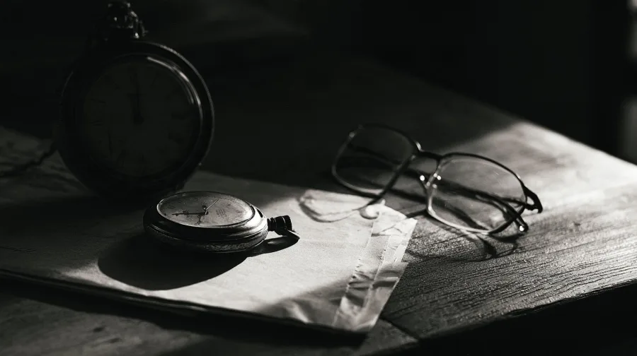 Pocket watches and reading glasses on a folded letter on a wooden table