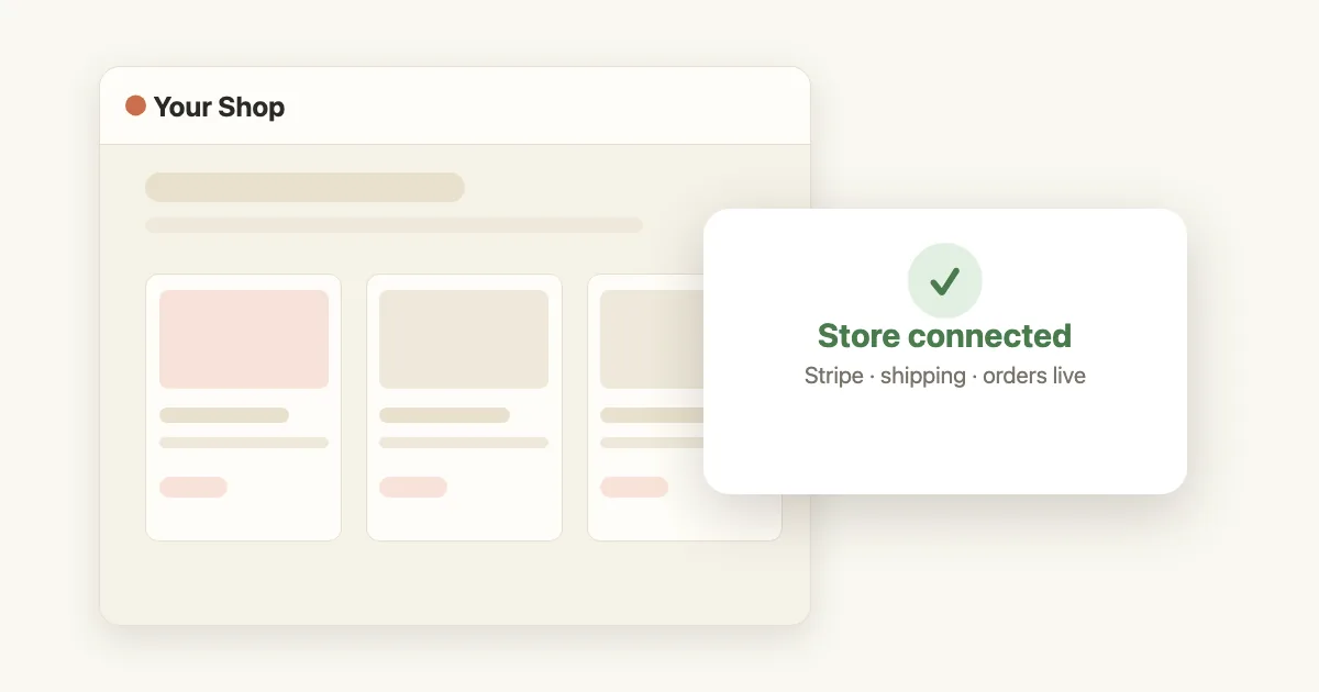 Shop window with product cards beside a store-connected confirmation card