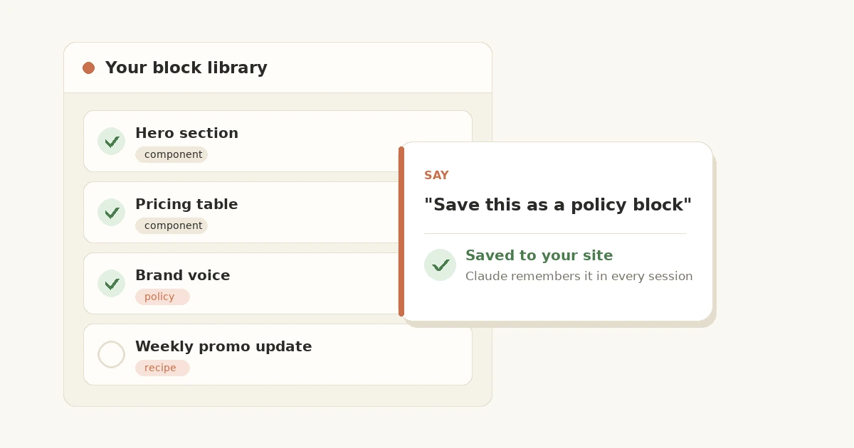 Block library checklist beside a saved-to-your-site confirmation card