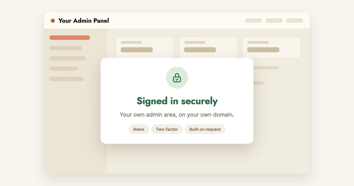 Admin panel mockup with a signed-in-securely confirmation card