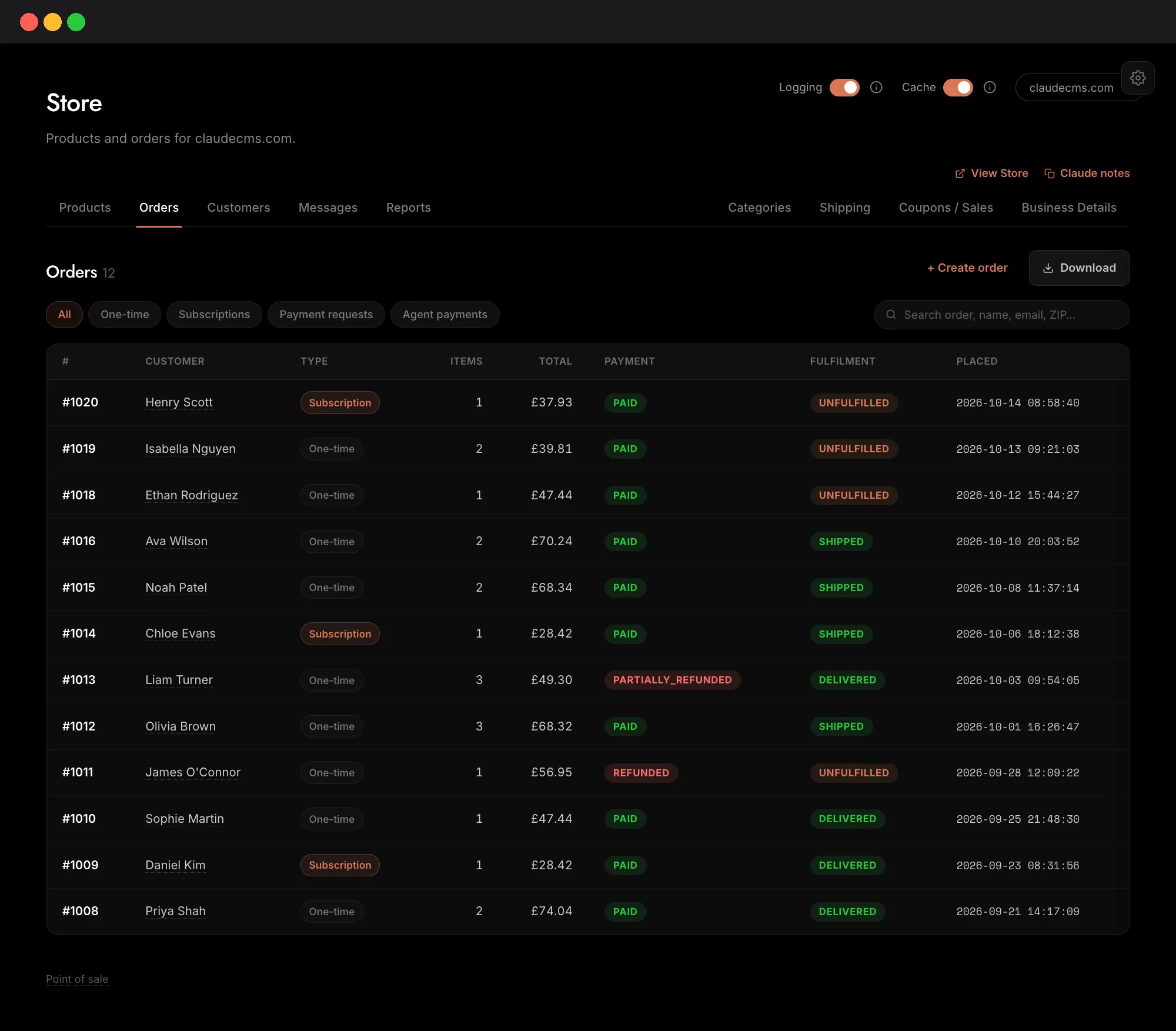 Claude CMS store admin panel showing a list of orders with payment and fulfilment status