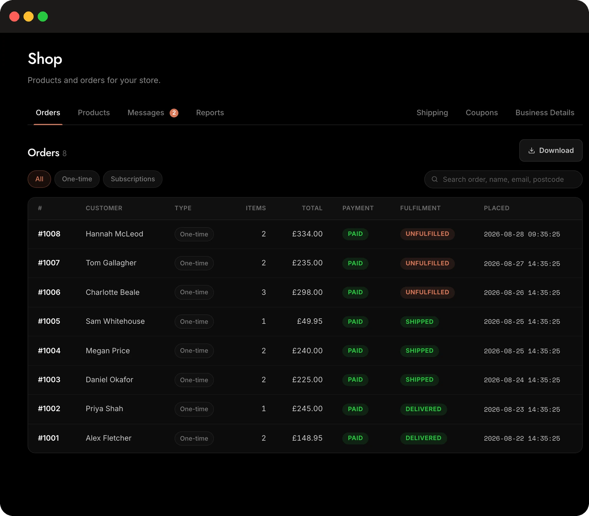 Claude CMS store admin panel showing a list of orders with payment and fulfilment status